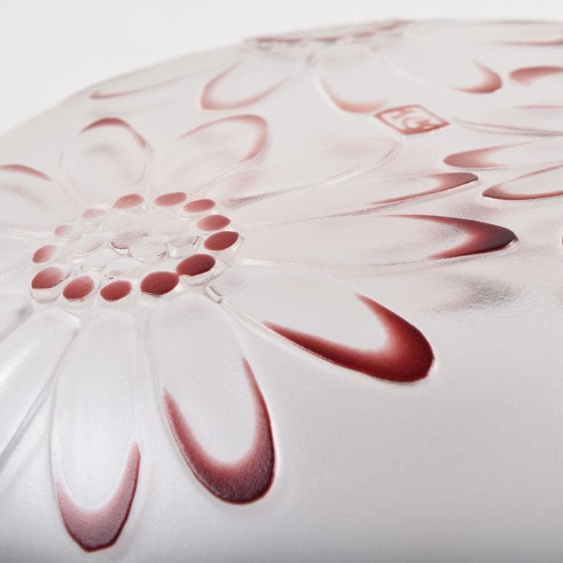 ガラス工芸　荒木良忠作　玻璃彫刻　銅赤花ノ輪文皿　共箱　C　9155