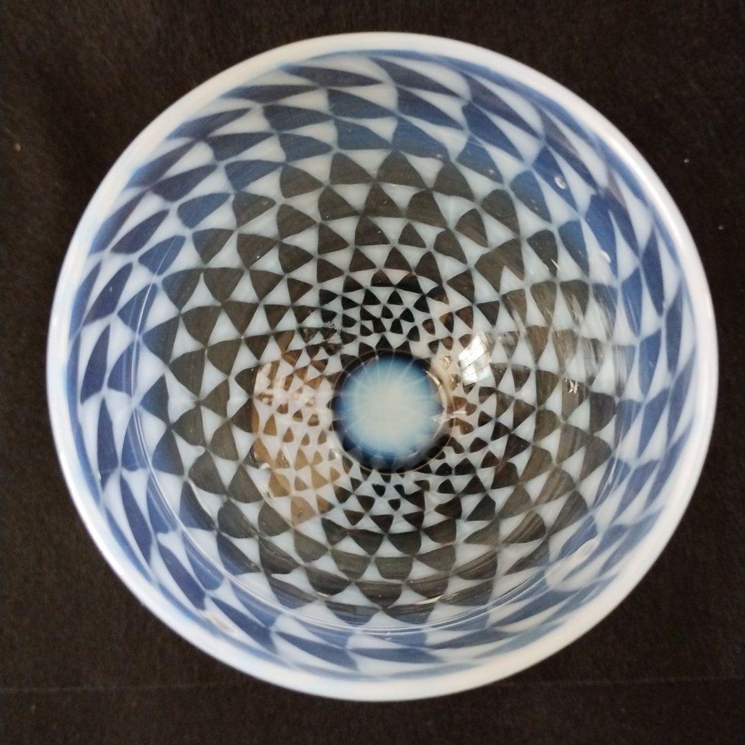 氷コップ　和ガラス乳白透かし鱗文なつめ型黒脚