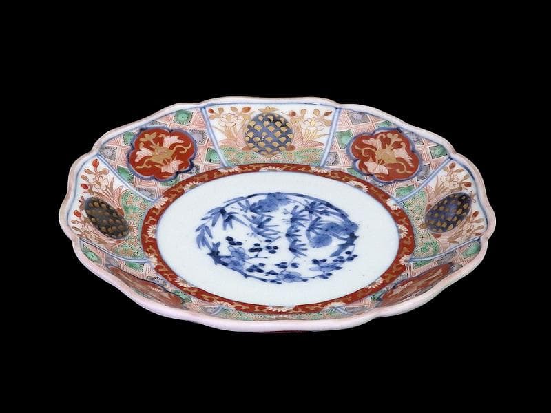 古伊万里　金襴手　松竹梅　菊花四方襷紋に花の図　６寸皿　N149AS-CYy