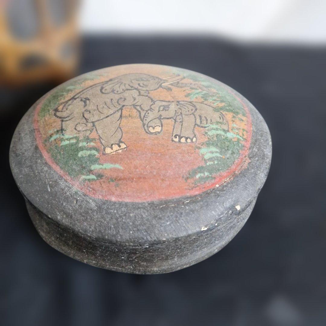 希少 タイ ラオス 伝統工芸品 もち米入れ 手描き 象 親子 ラタン編み 骨董