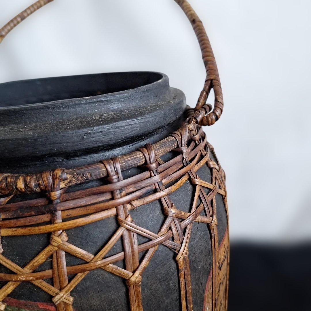 希少 タイ ラオス 伝統工芸品 もち米入れ 手描き 象 親子 ラタン編み 骨董