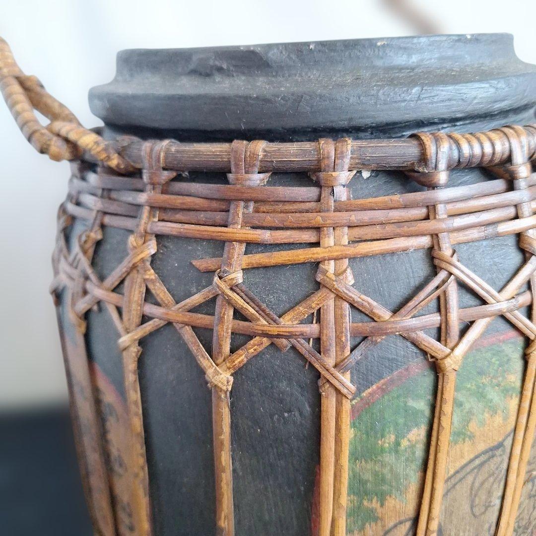 希少 タイ ラオス 伝統工芸品 もち米入れ 手描き 象 親子 ラタン編み 骨董