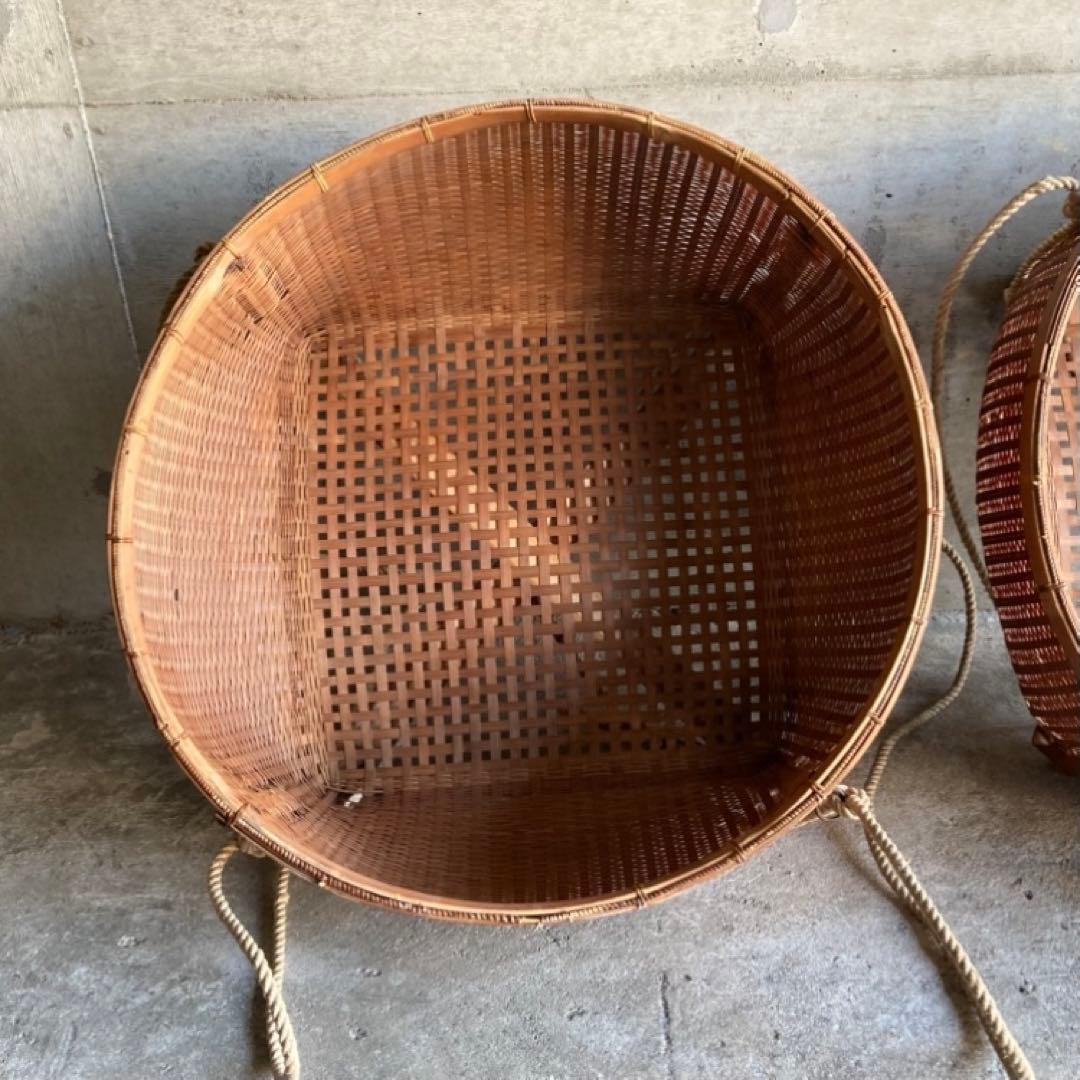 古い大きな竹籠 かご バスケット 大型 竹細工 鉄金具 2点 古道具 レトロ