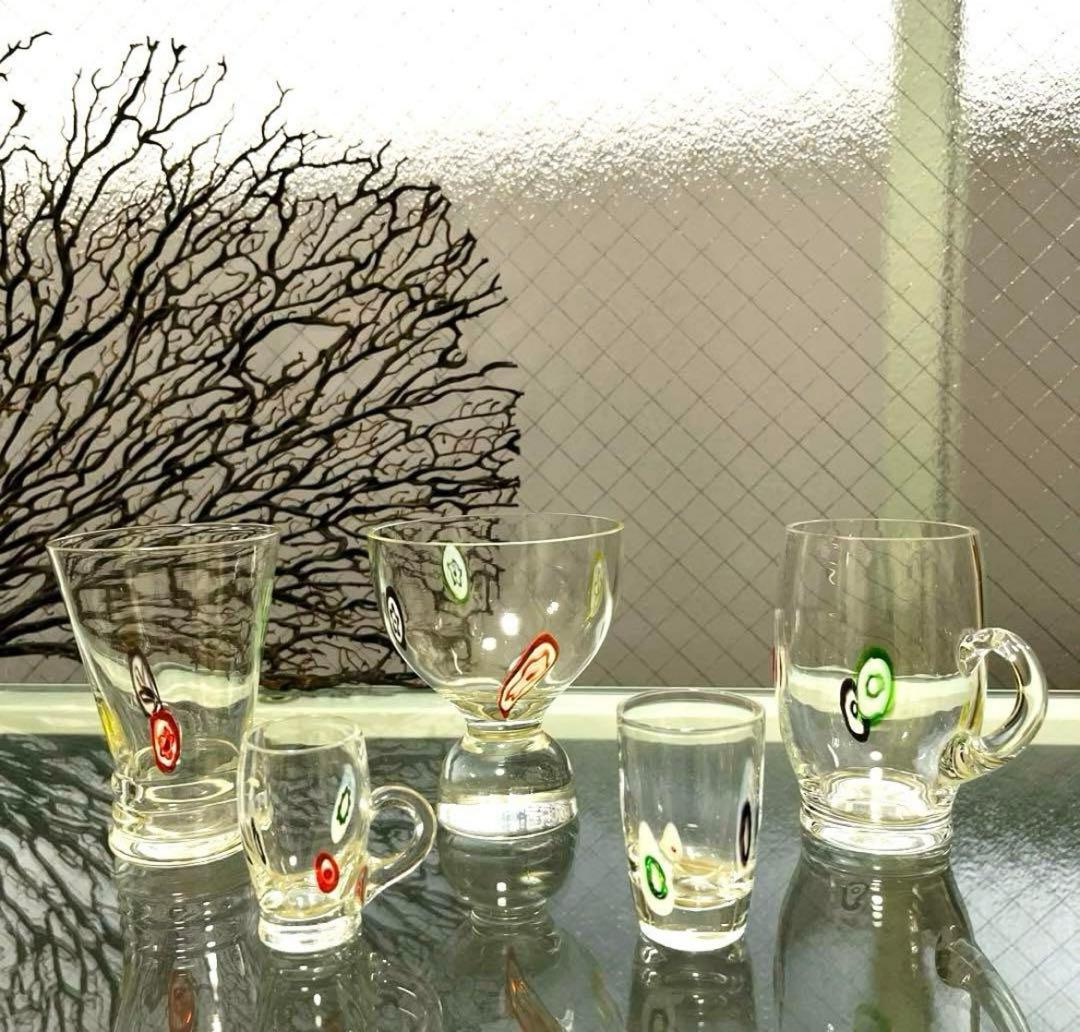 骨董　時代ガラス　超希少花象嵌　蜻蛉玉　風船型　取手付き　氷コップ　ウラン１客