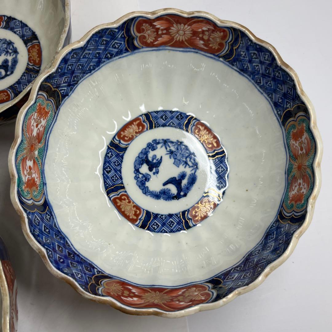 古伊万里　染錦菊割ミツ鉢　木箱　幅約24/21/18㎝　東Y7-0725③タカサ