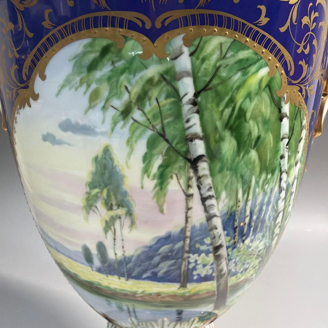 モ*モ様 ノリタケ 飾り壺 金彩 コバルトブルー ハンドペイント 風景