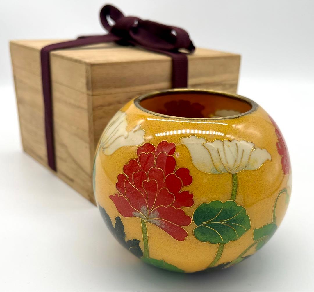 専用です。七宝焼　ケシの花文　ガラス花瓶　合わせ箱付き