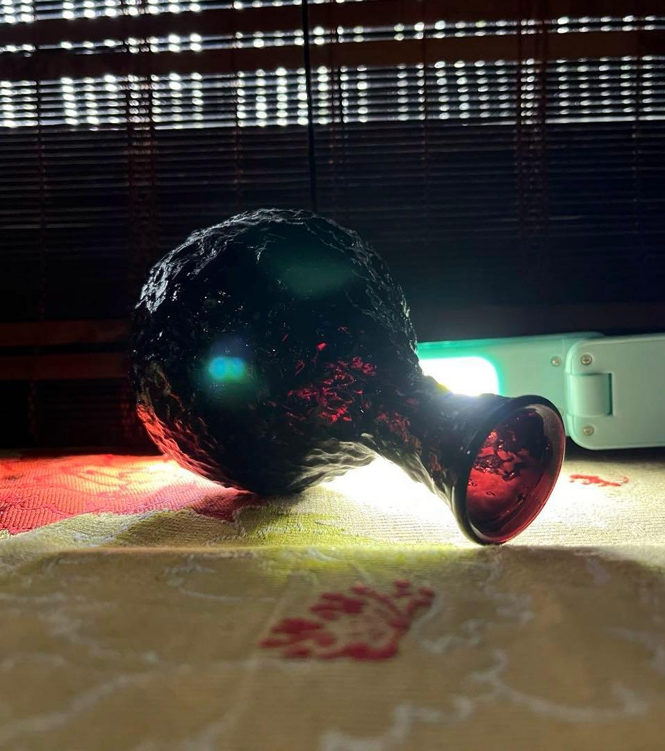 骨董　時代ガラス　プレスガラス　希少紫ガラス　渋紙　氷裂模様　凸凹プレス　花器