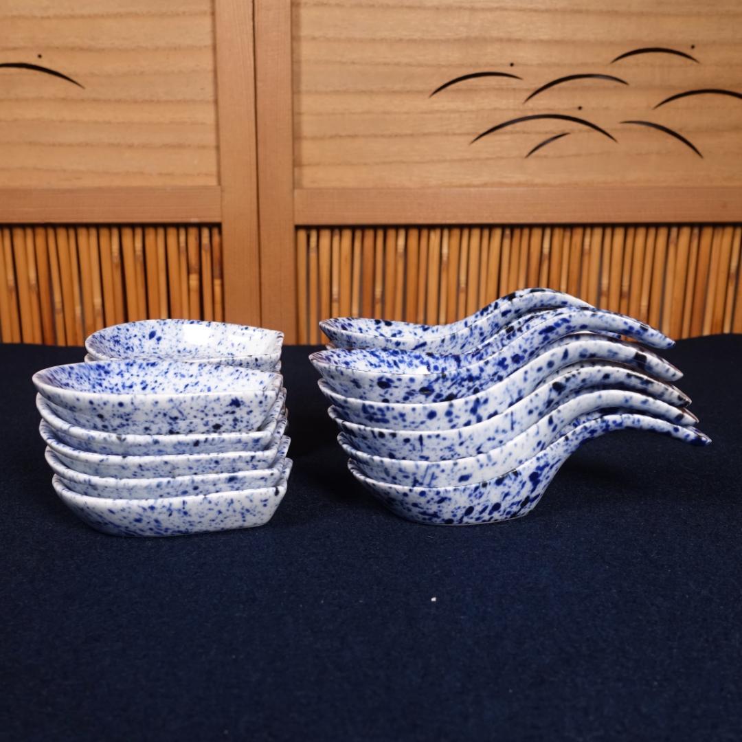 京焼 川尻一寛 禎山窯 染付 吹墨 レンゲ形 珍味入 10客 台座付