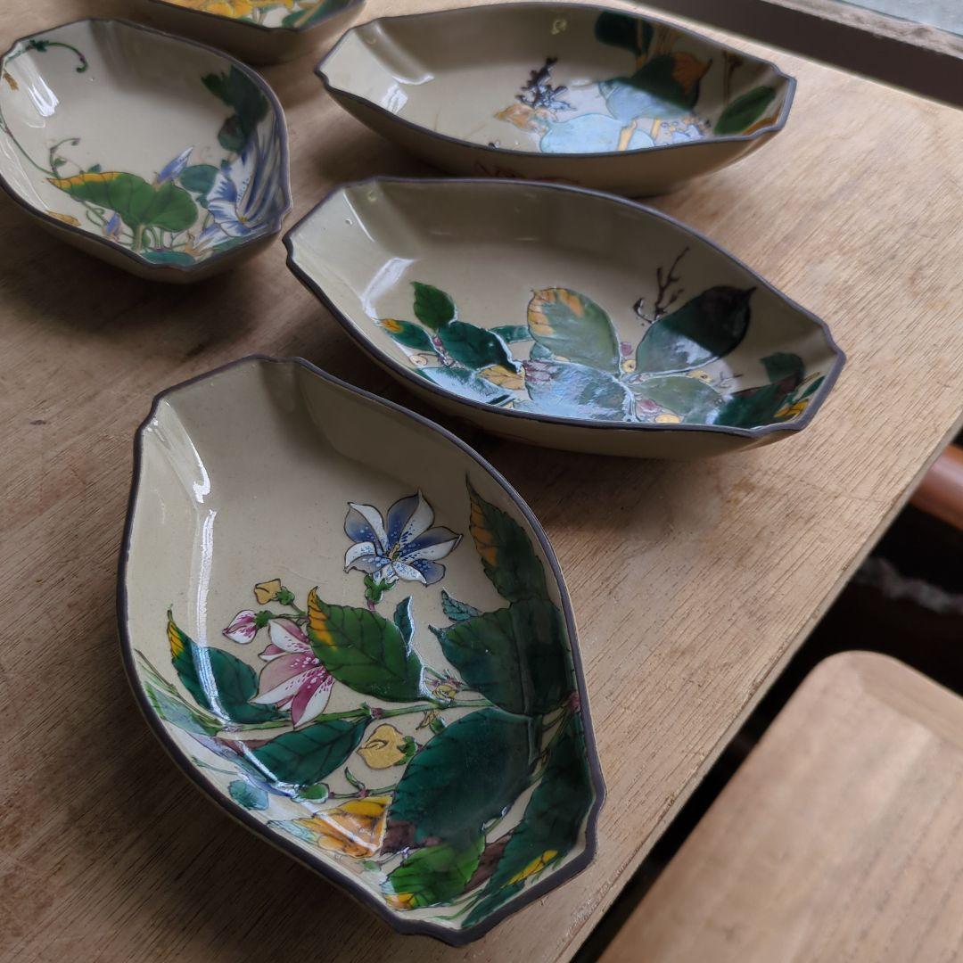 骨董 九谷焼 舟形 図変わり 色絵 花尽くし 向付 器 皿 5枚 変形皿