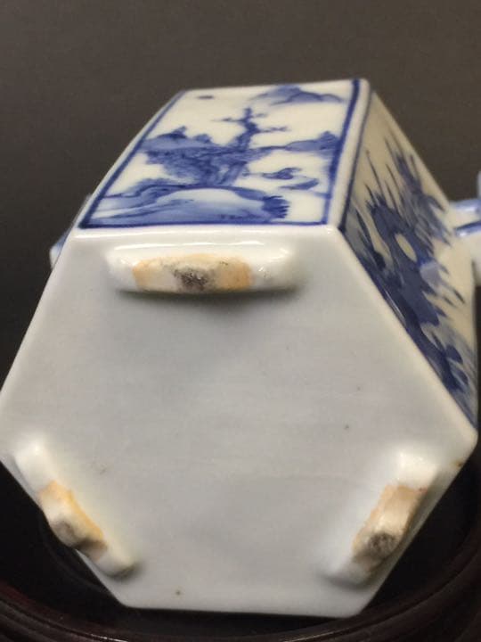 双耳6面三足 山水紋染付香炉  年代物