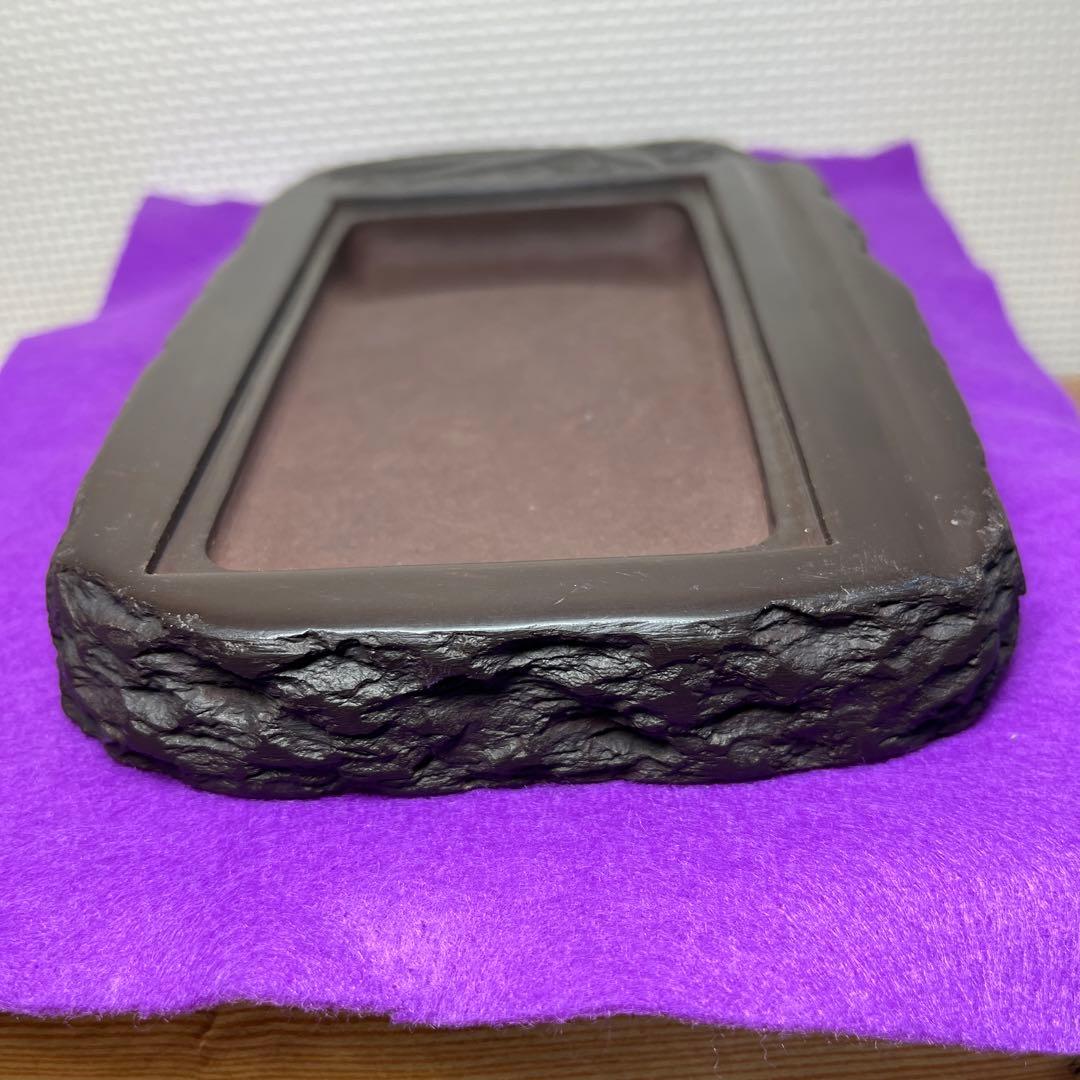⭕️赤間硯　植野玉泉堂　玉泉　笹竹葉彫刻石共蓋付き　手間あり入念　蓋付き大型硯