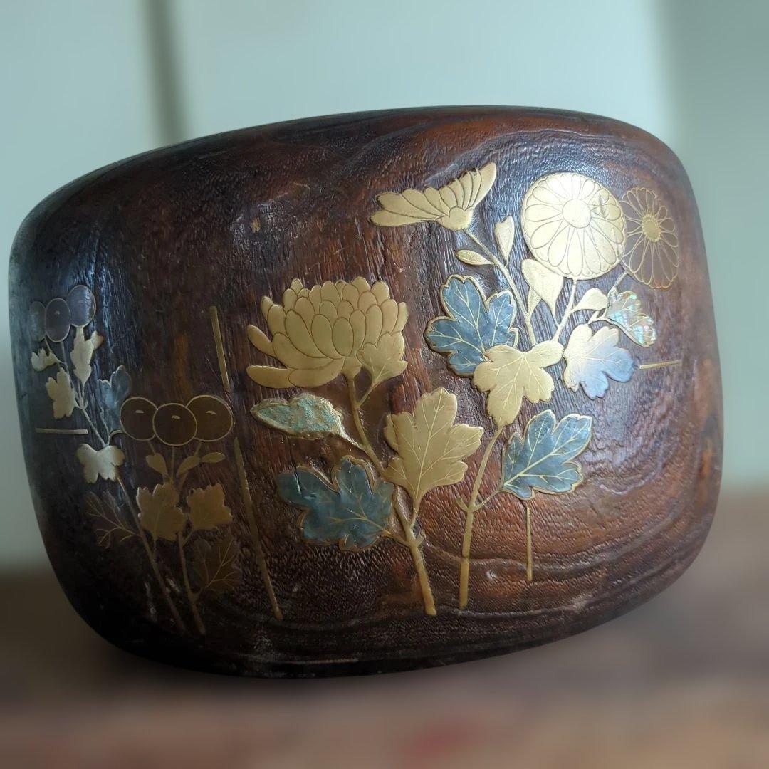 骨董　火鉢　蒔絵　螺鈿　大振り　内側銅器　花入　鉢カバー