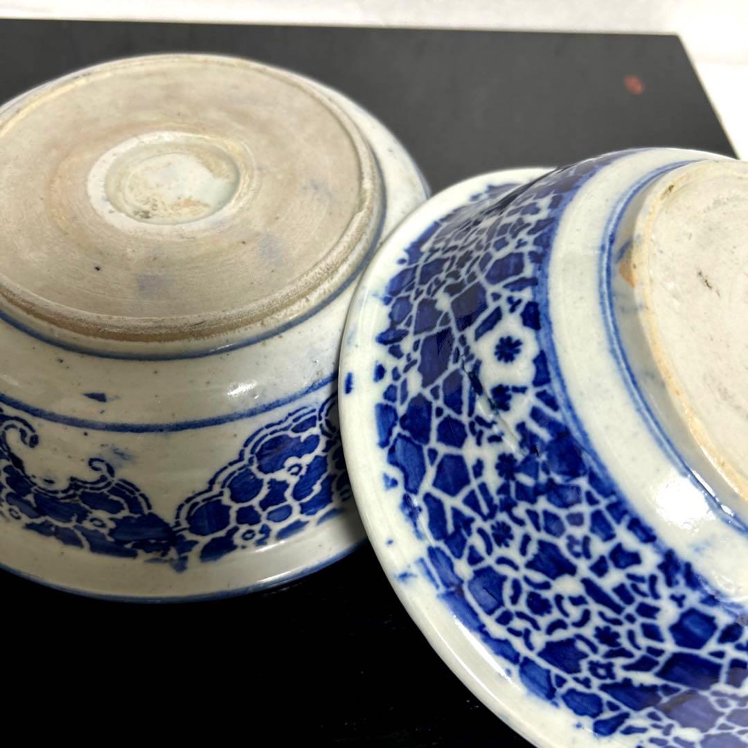 骨董品　古伊万里　転写　印判　煮物鉢　菊紋　椿紋　鳥紋　有田焼　アンティーク