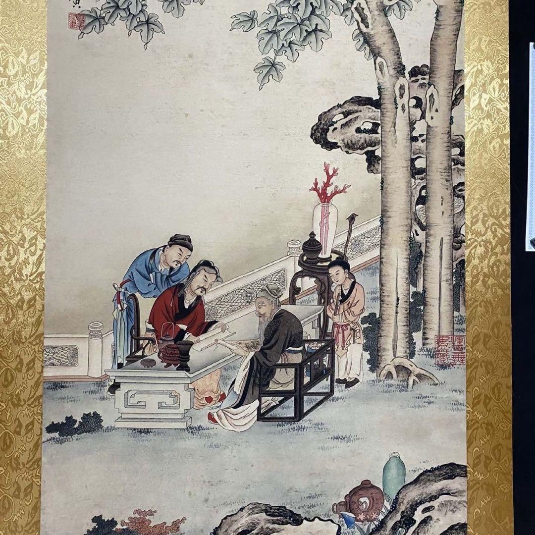 唐寅 賢士観書図　中堂掛け軸　中国書画　宣紙　書画工芸