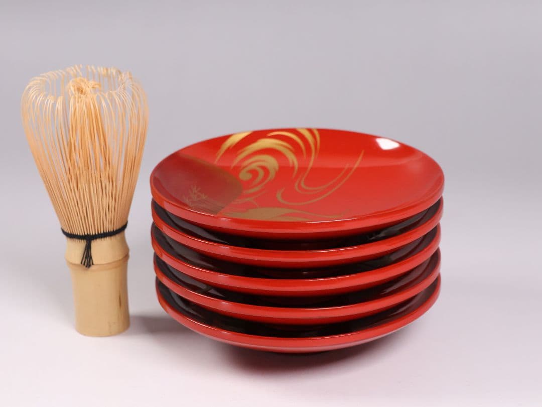 【CM372】時代木製漆器 光琳写 金蒔絵 群鶴図 朱塗 引盃 五客 小皿 杯