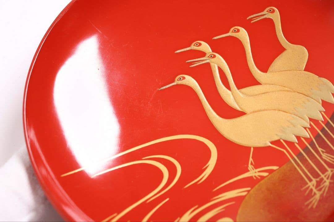 【CM372】時代木製漆器 光琳写 金蒔絵 群鶴図 朱塗 引盃 五客 小皿 杯