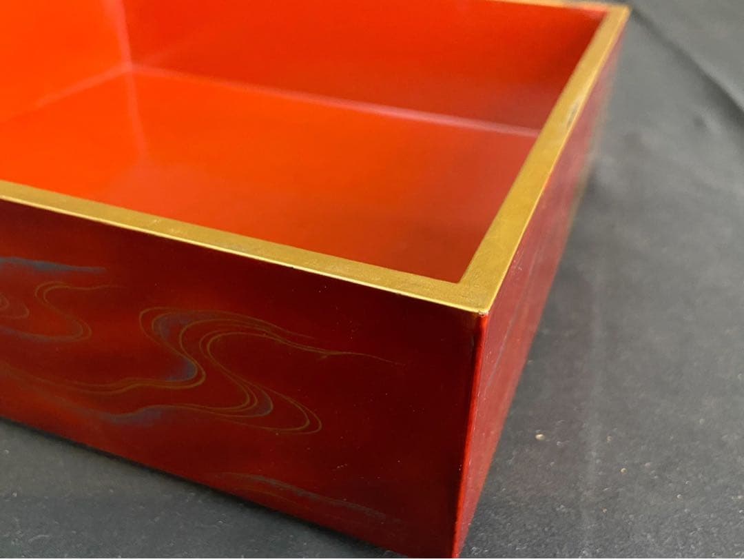 時代漆器 金銀 鴨蒔絵 紅溜 五段重箱 二枚蓋 共箱 木製 / 輪島塗