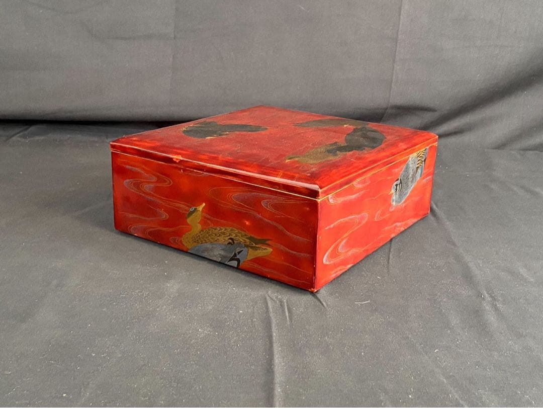 時代漆器 金銀 鴨蒔絵 紅溜 五段重箱 二枚蓋 共箱 木製 / 輪島塗
