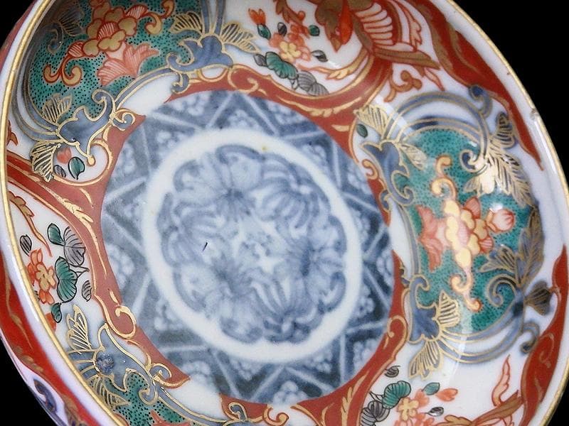 古伊万里　金襴手　窓絵　鳳凰に花の図　４寸皿　E694AS-CZq