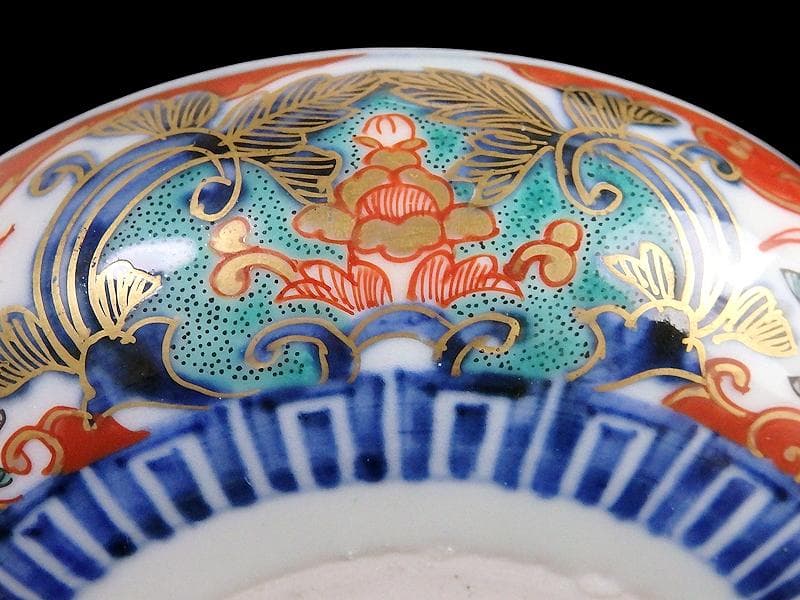 古伊万里　金襴手　窓絵　鳳凰に花の図　４寸皿　E694AS-CZq