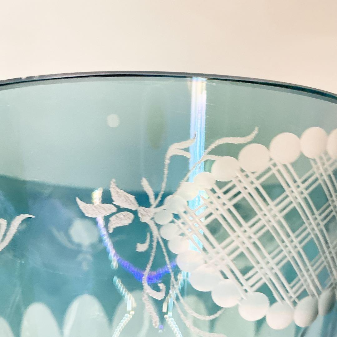 イタリア製　クリスタル　ガラス　アンティーク　脚付　24金　切子　ブルー