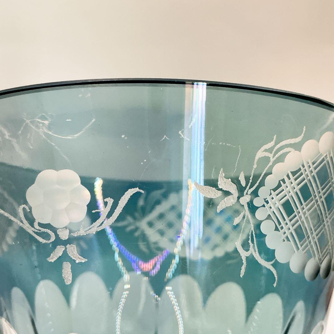 イタリア製　クリスタル　ガラス　アンティーク　脚付　24金　切子　ブルー