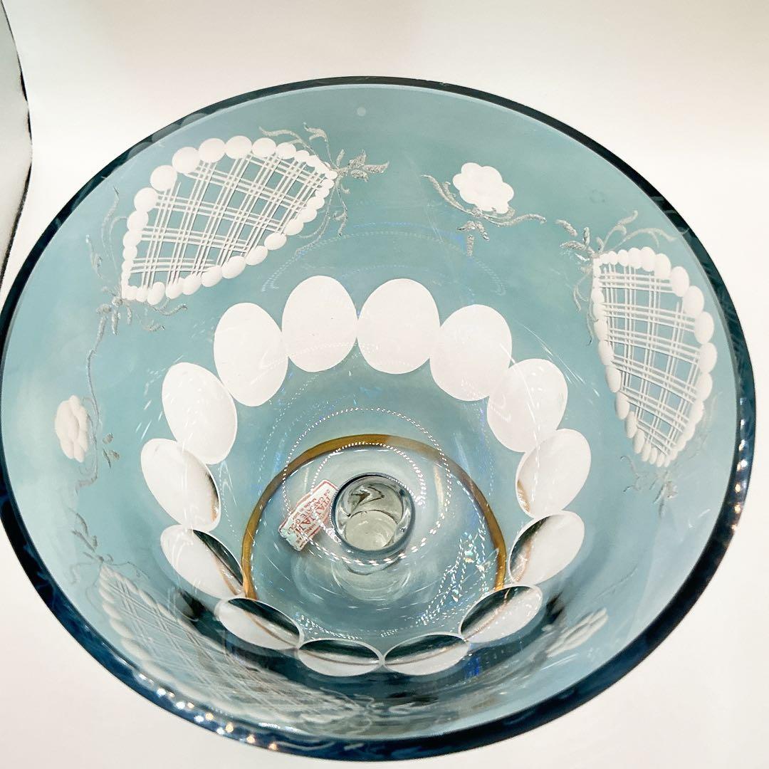 イタリア製　クリスタル　ガラス　アンティーク　脚付　24金　切子　ブルー