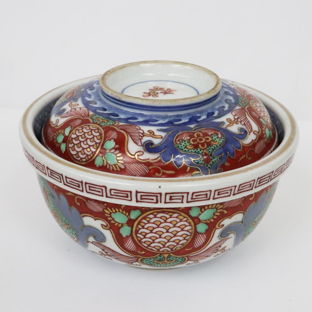 冨貴長春　蓋付茶碗　錦絵 染付 金彩 古伊万里　7客　吉祥　1客に金継ぎ有り