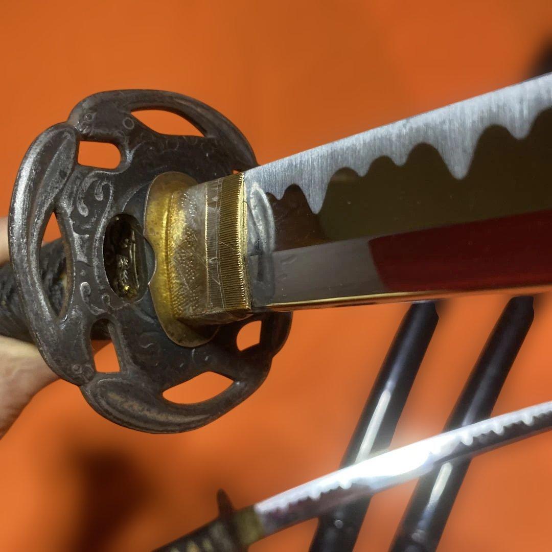 模造刀大小２本セット(下緒無し) 黒柄 波図透し丸鍔 黒呂鞘