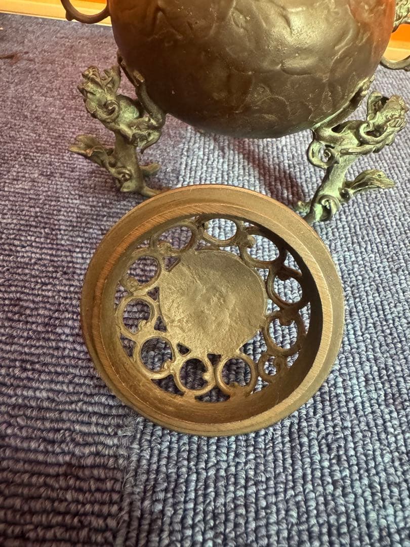 1817 高岡銅器　須賀七郎作　月芳　蝋型鋳銅　三獅子　香炉　時代物