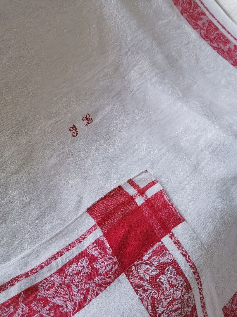 アンティーク ダマスクリネン 風鈴草 釣鐘草 百合の大判クロス フランス購入