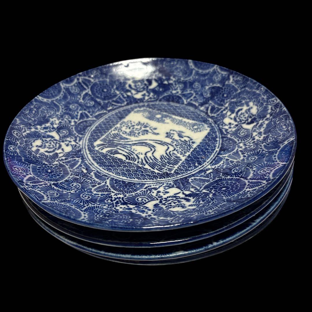 染付 印判手 菊唐草 山水文 肥前 伊万里 波佐見系 和食器 中皿 4枚セット