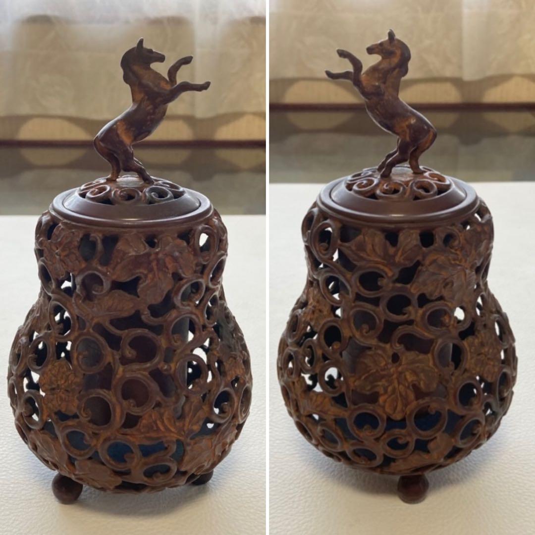 名取川雅司 高岡銅器 香炉 瓢箪 馬 干支 午 透し 置物 美術 工芸品 レトロ