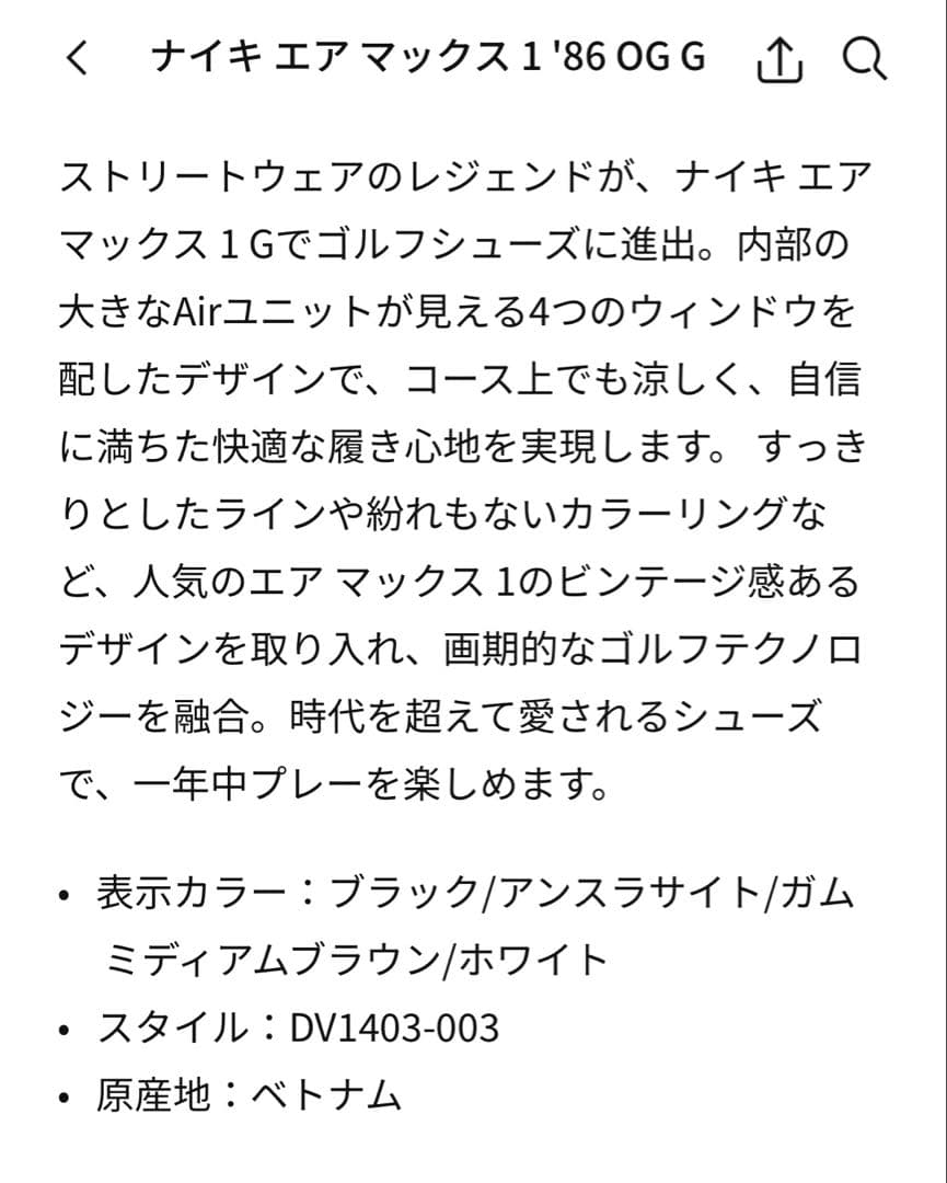 エアマックス1 '86OG G 黒 28.5cm