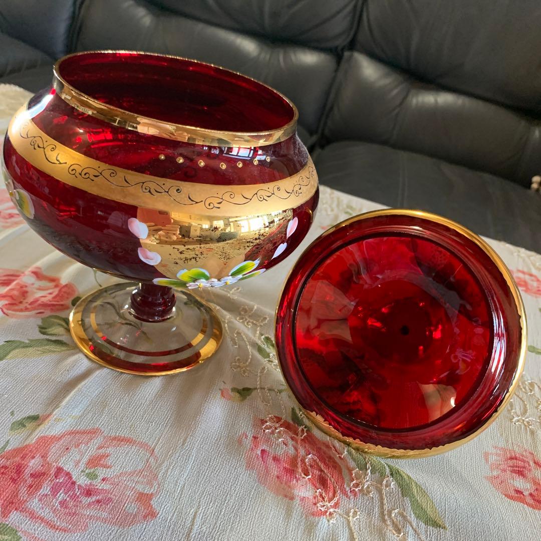 【ベネチアングラス】赤金彩美しいキャンディポット　アンティーク　ガラス工芸品