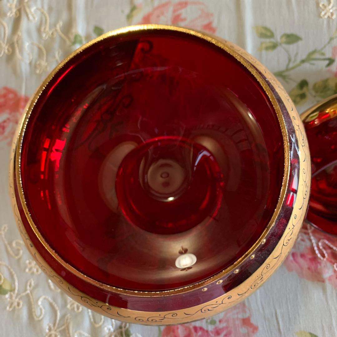 【ベネチアングラス】赤金彩美しいキャンディポット　アンティーク　ガラス工芸品