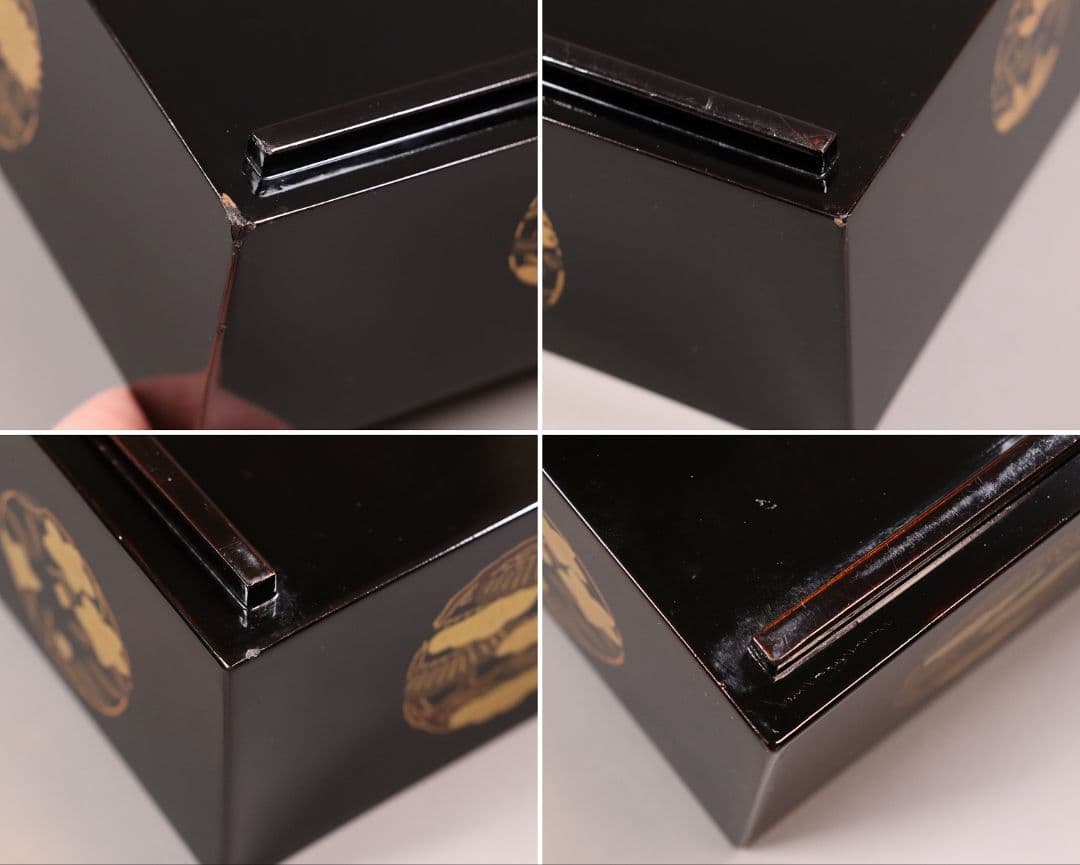 漆芸 木製漆器 丸に草花図 金蒔絵 二段重 重台 黒塗 朱塗 重箱【MA171】