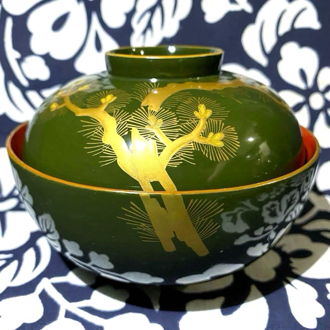 時代物骨董　大正以前　青漆吸物椀　天然木本漆　松柄金蒔絵　緑に内朱　懐石椀　五客