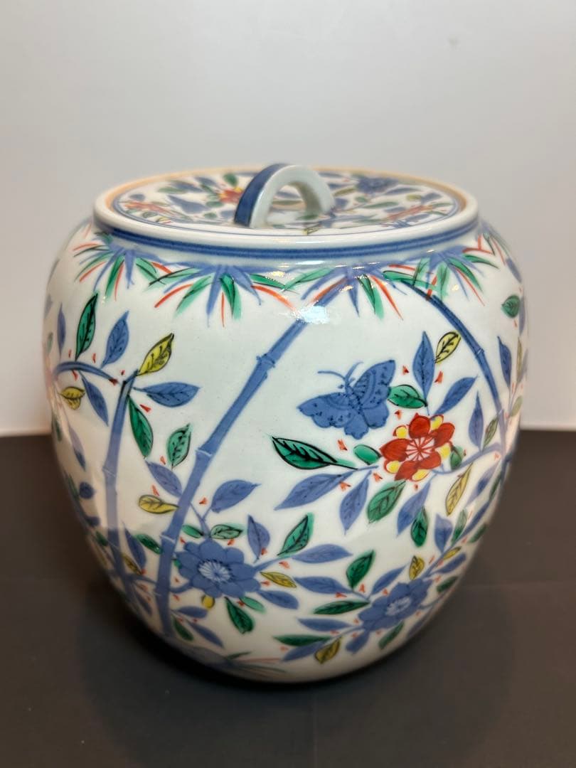 「　叶　松谷　」造　水指　吉葉色絵花鳥　共箱有り　茶道具　清水焼