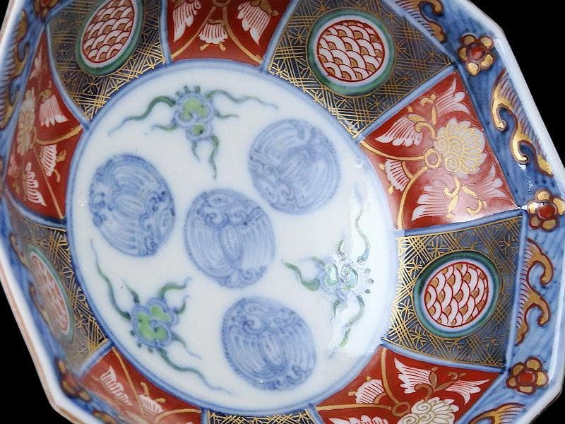 大聖寺伊万里　金襴手　鳳凰に雲　花に青海波の図　八角膾皿　D737AS-fbsv