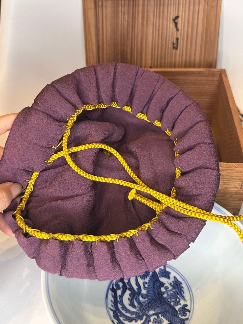 本mercy専用　大明萬暦年製 底款 青花染付対頭鳳紋 碗 仕覆木箱 中国古美術