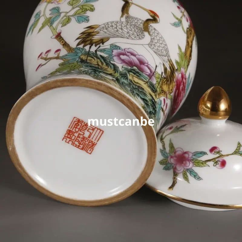 乾隆粉彩蒔金仙鶴寿桃将軍缶 景徳鎮 陶磁器 装飾品 現代工芸品 美術品 置物