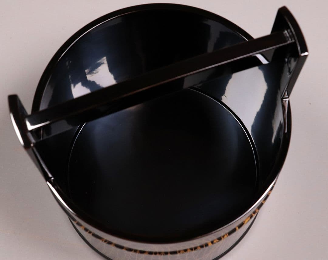 茶道具 輪島塗 若島孝雄 柳 金蒔絵 手桶 水指 共箱 黒塗 木製【MA187】