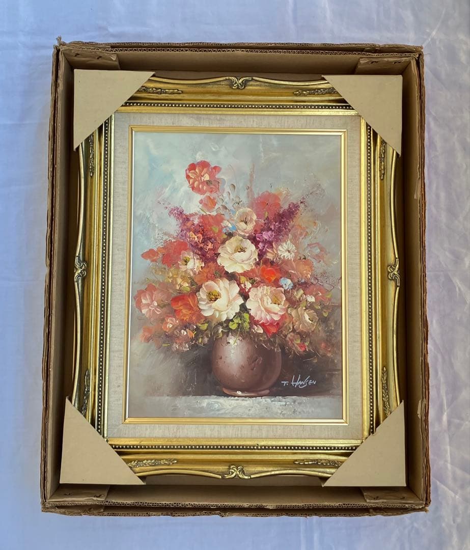 油彩画 油絵 花瓶の花 T.HANSEN バラ