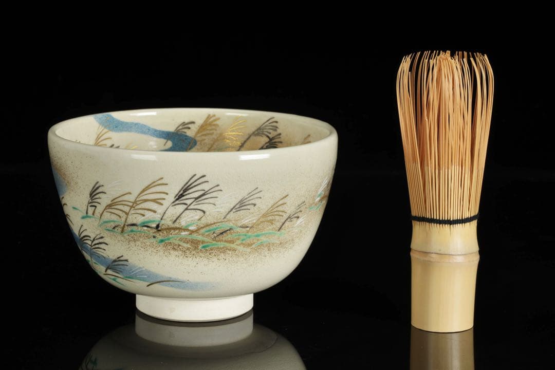 通次阿山 仁清写 野分 茶碗 共箱付 芒 秋 京焼 茶道具 抹茶碗 古美術 骨董