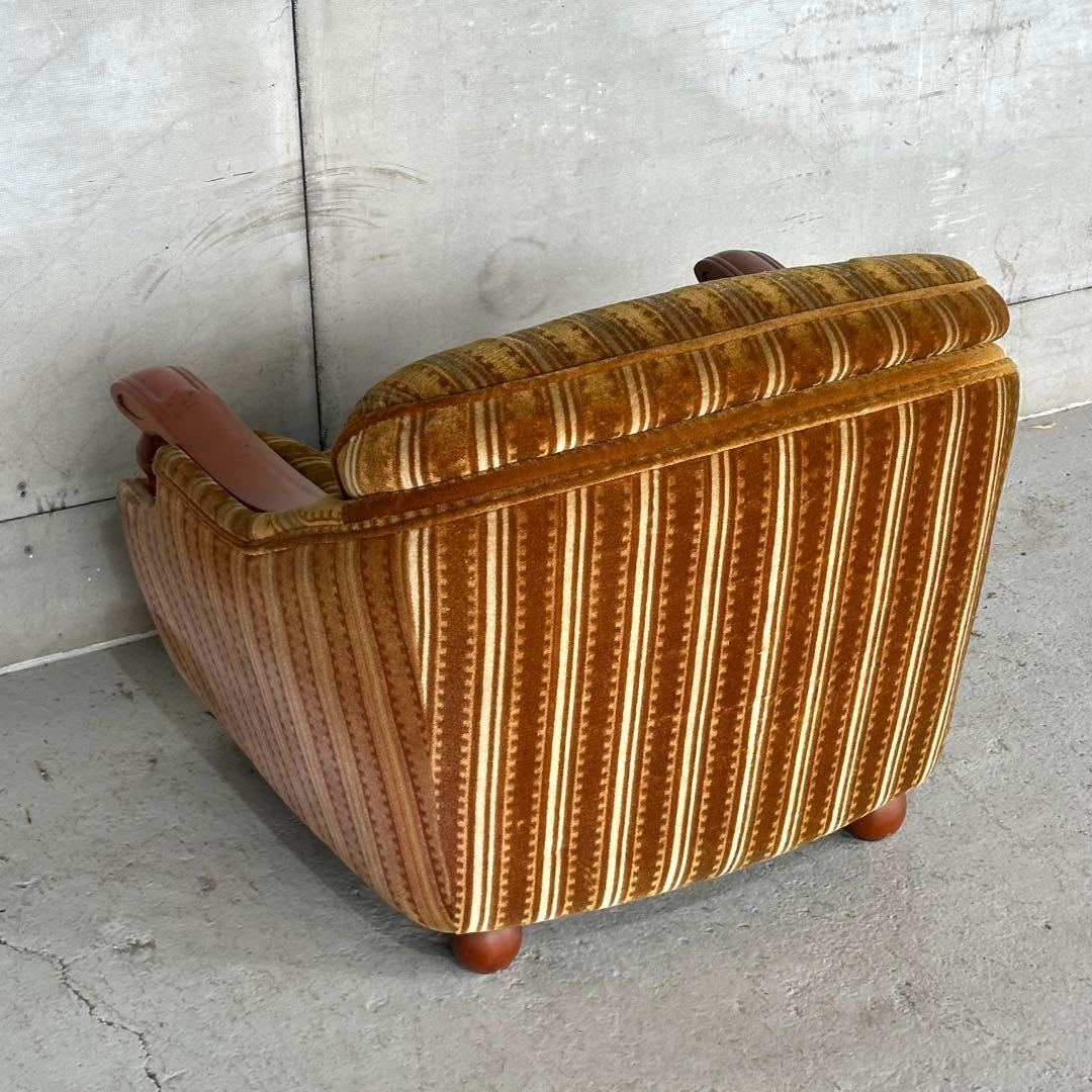 ★70s★昭和レトロ 応接ソファ｜純喫茶風 ストライプ ベロア 木肘アームチェア