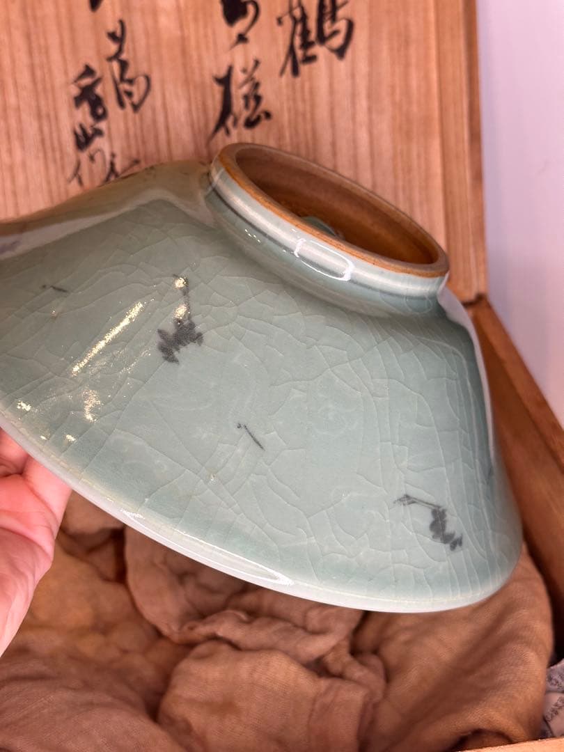 真葛香山造 青瓷 雲鶴文 菓子器 共箱付 茶道具 作家物 名工