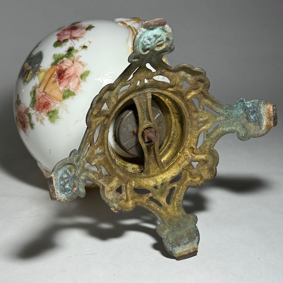 ◆希少 置きランプ 雷文擦り硝子火屋 ガラス絵乳白硝子オイル壺 明治時代◆