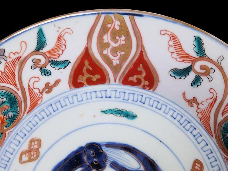 古伊万里　色絵　団龍紋に宝珠　花の図　７寸皿　３枚　珍品　C544AS-DBr